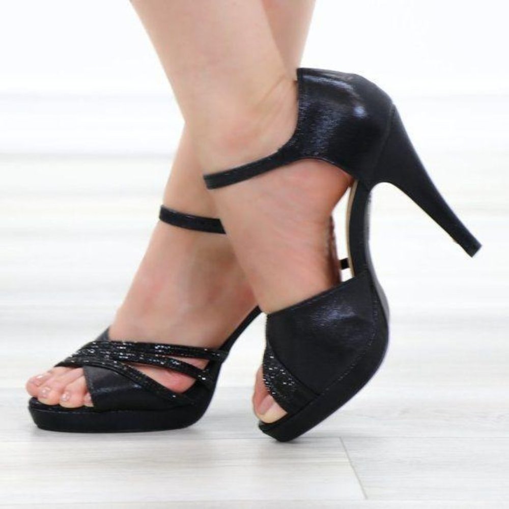 Shimmery Black Satin Platform Heeled Stiletto Sandal - Picture 2 of 11